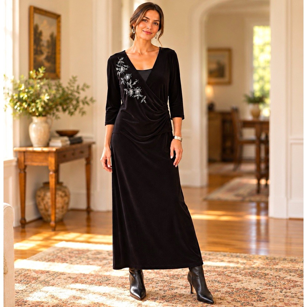 Y2K Whimsigoth Black Velvet Maxi Dress Silver Glitter Floral Faux Wrap Goth 90s
